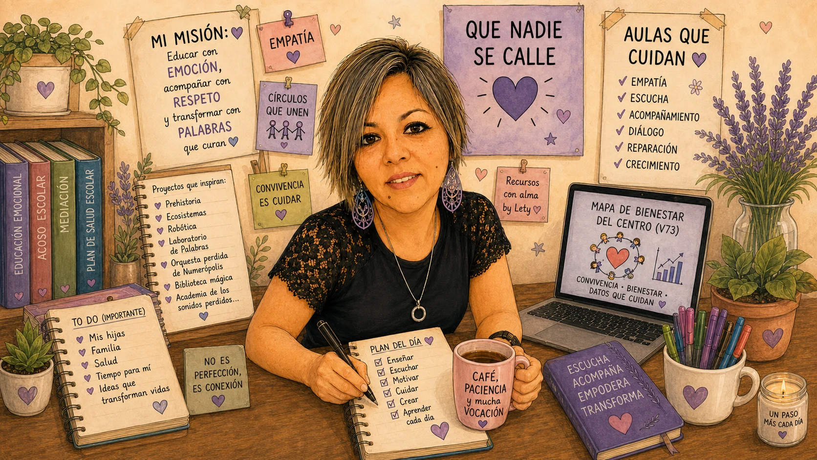 Lety rodeada de materiales educativos sobre empatía, convivencia, bienestar y aulas que cuidan