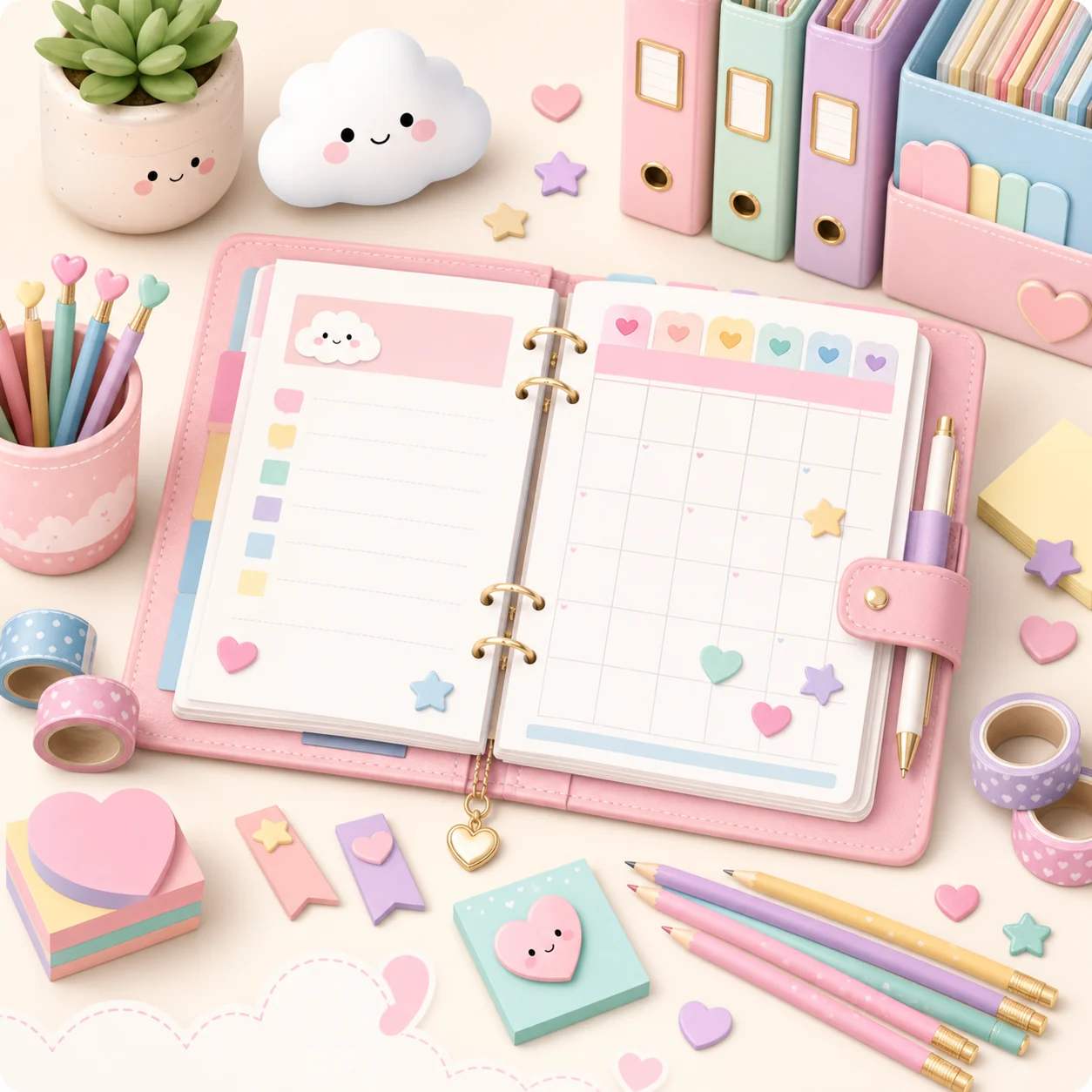 Agenda docente kawaii con calendario, listas, lápices y materiales pastel